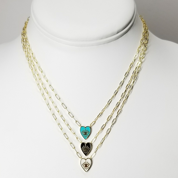 NEW Enamel Heart Evil Eye Paperclip Dainty Chain - Picture 4 of 10